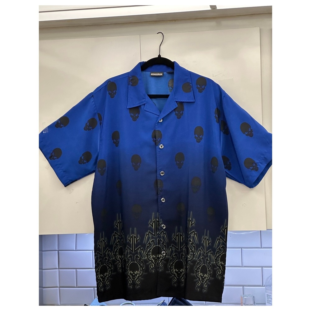 ODO Y2K Skull Print Button Up Shirt Mens L Blue Gothic Tribal Biker Punk